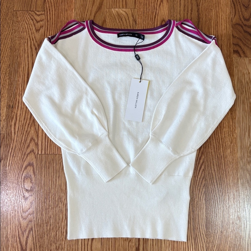 NWT Karen Millen ivory knit Sweater Pink Merlot grey Accents cold shoulder XS